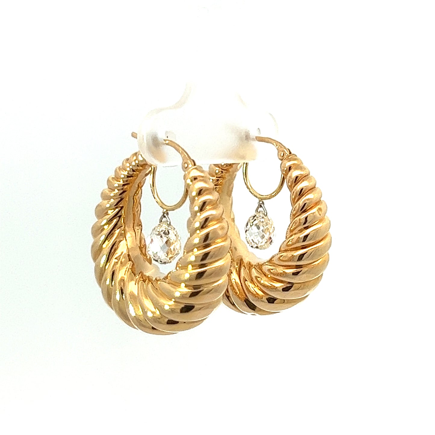 Croissant 18K Yellow Gold and One Carat Briolette Diamond Hoop Earrings