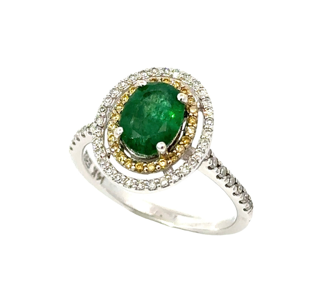 Effy Emerald, Yellow Diamond and 14K White Gold Double Halo Ring