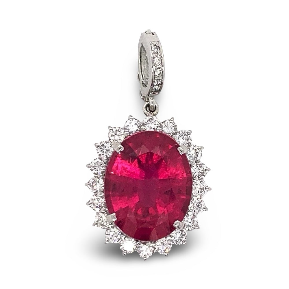13.71ct Oval Pink Tourmaline Diamond and Platinum Pendant