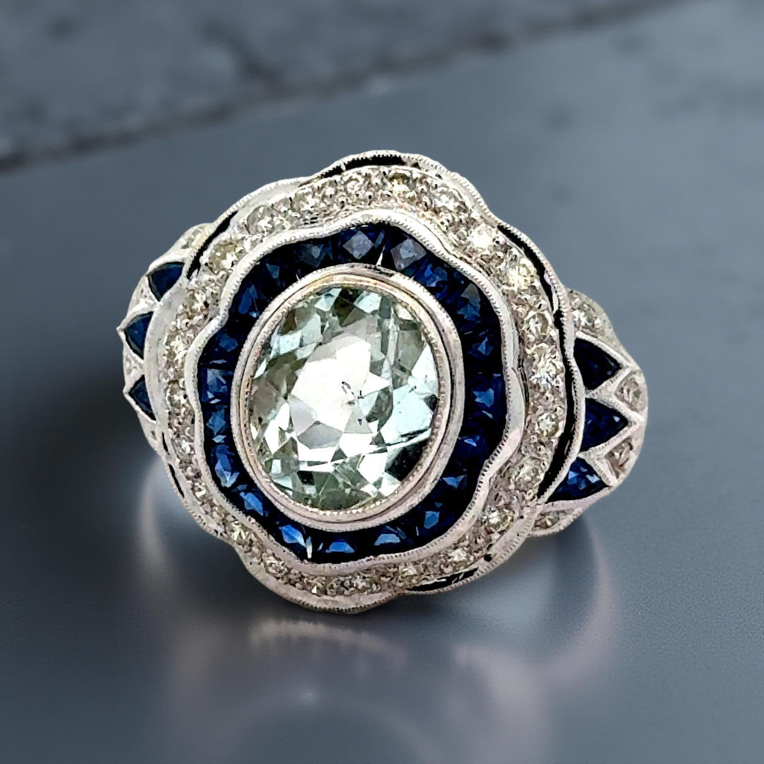 French Cut Sapphire and Diamond Aqua 18K White Gold Ring