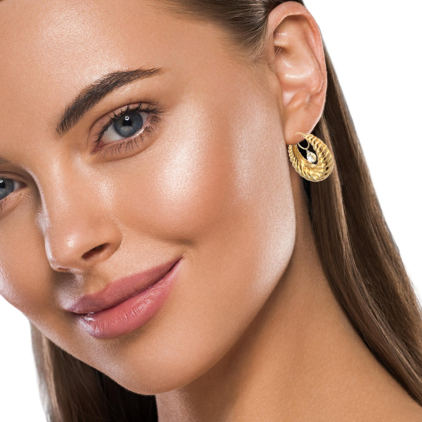 Croissant 18K Yellow Gold and One Carat Briolette Diamond Hoop Earrings