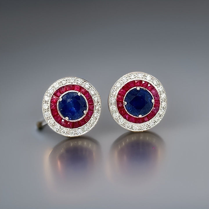 Diamond Ruby and Sapphire 18K White Gold Earrings