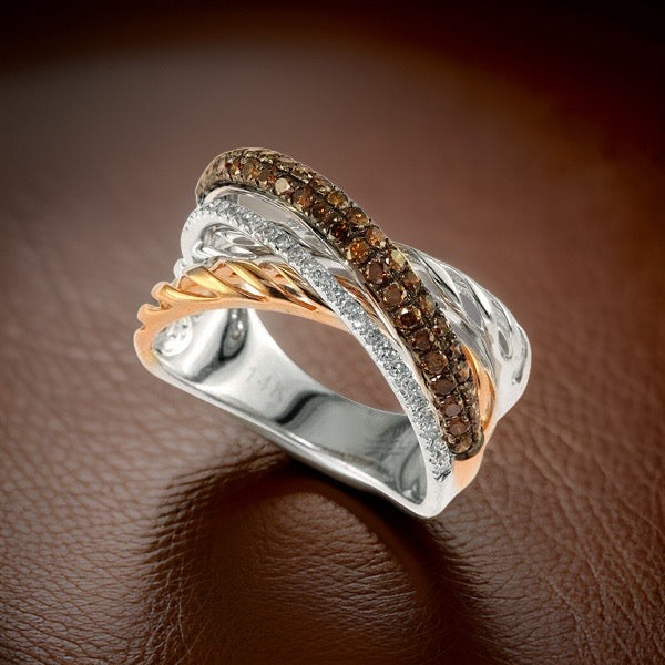 Effy Brown and White Diamond and 14K White and Rose Gold Interlock Ring