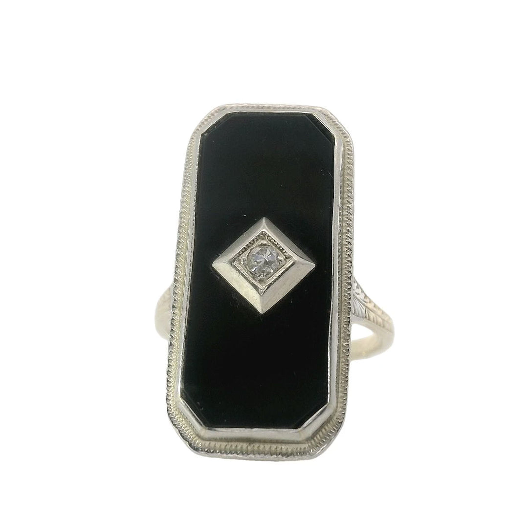 Estate Black Onyx Diamond 14K White Gold Ring 15442