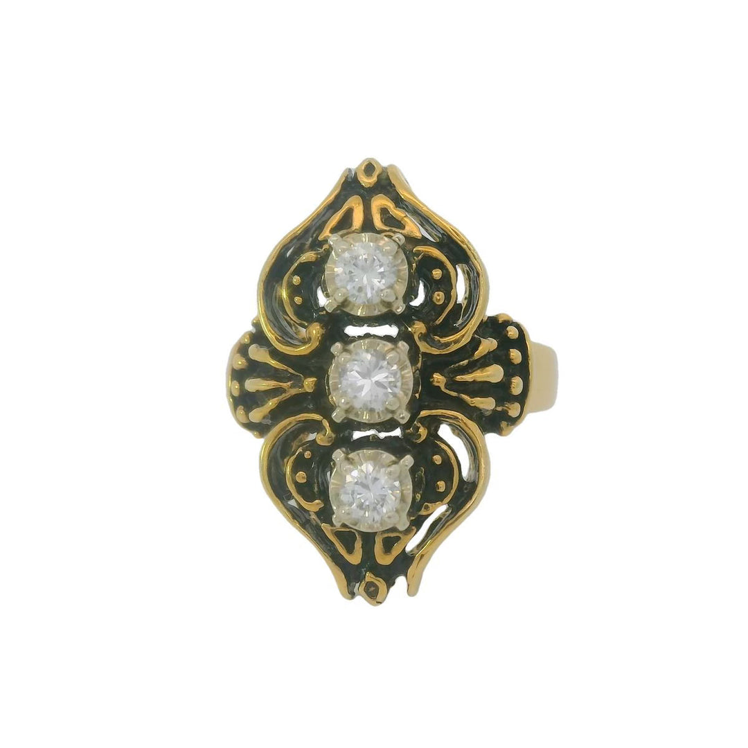 Estate Diamond Black Enamel Filigree 14K Yellow Gold Ring 15415