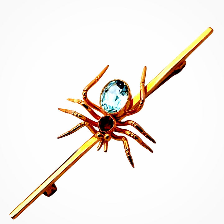 English Aquamarine, Ruby Spider and 9K Yellow Gold Brooch