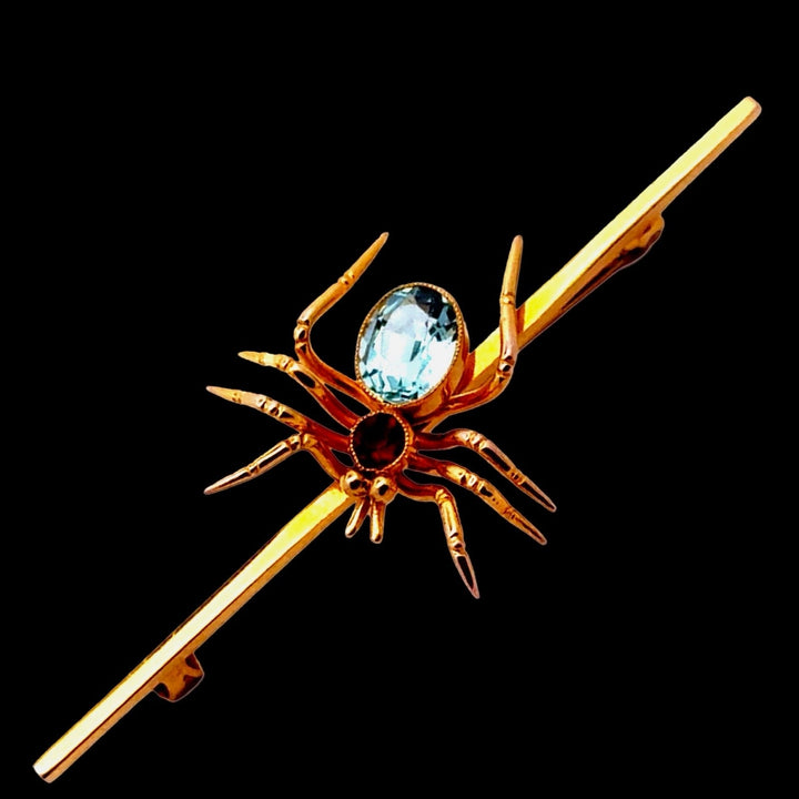 English Aquamarine, Ruby Spider and 9K Yellow Gold Brooch