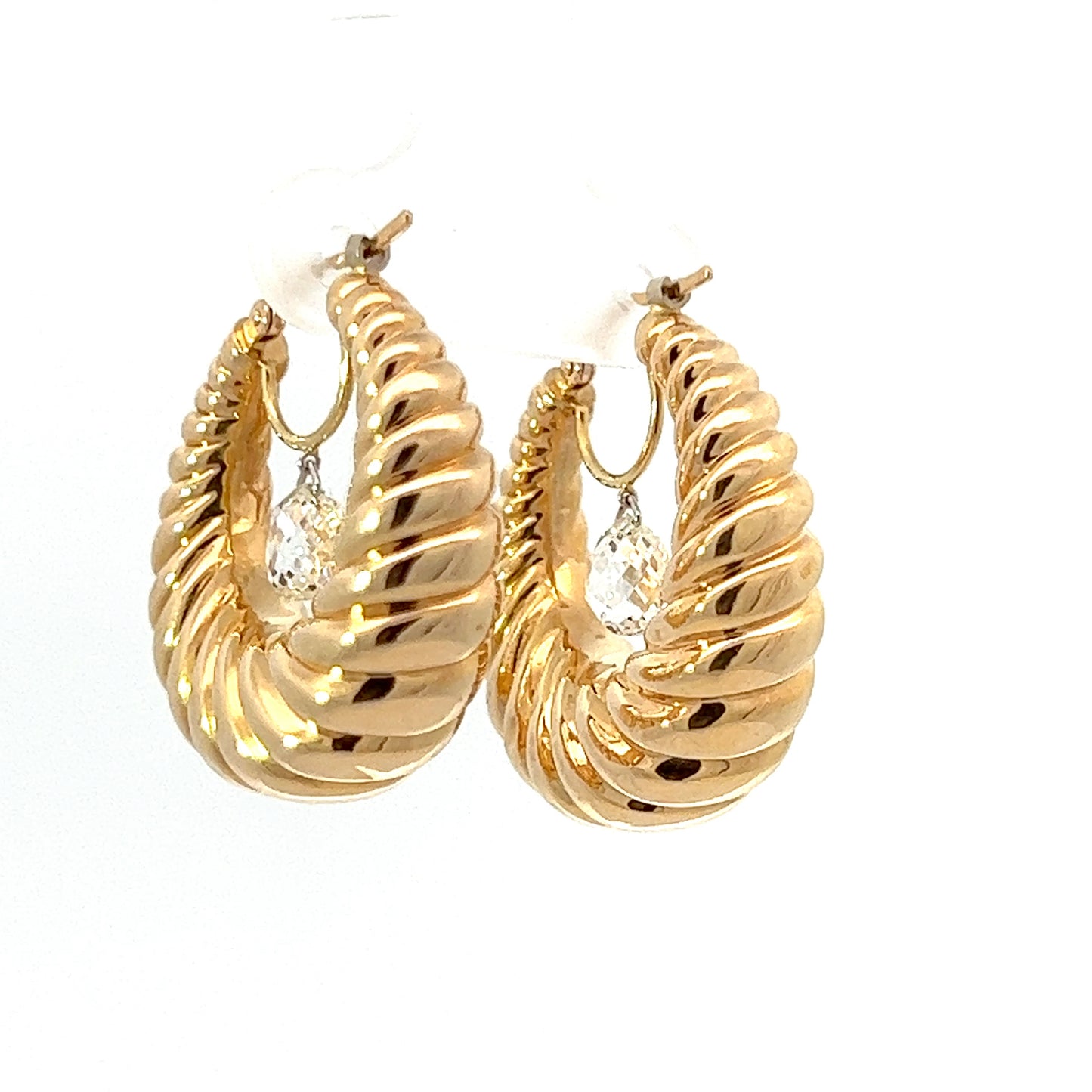 Croissant 18K Yellow Gold and One Carat Briolette Diamond Hoop Earrings
