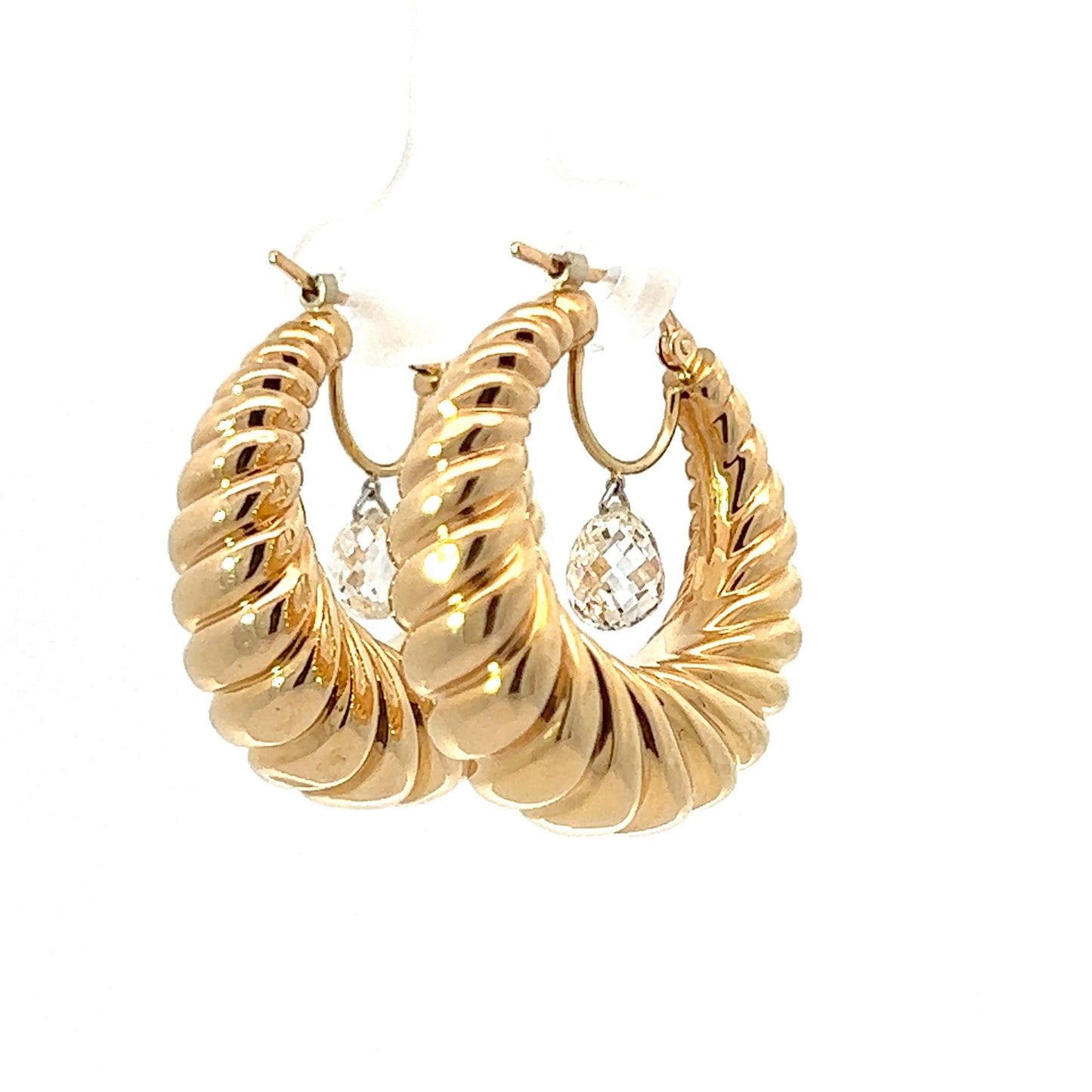 Croissant 18K Yellow Gold and One Carat Briolette Diamond Hoop Earrings