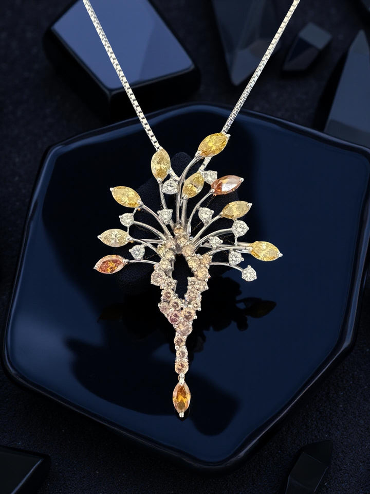 Natural Multi Color Diamond Platinum Necklace and Brooch