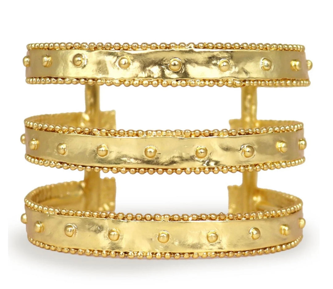 Gold Dotted Three Row Cuff Statement Bangle Bracelet