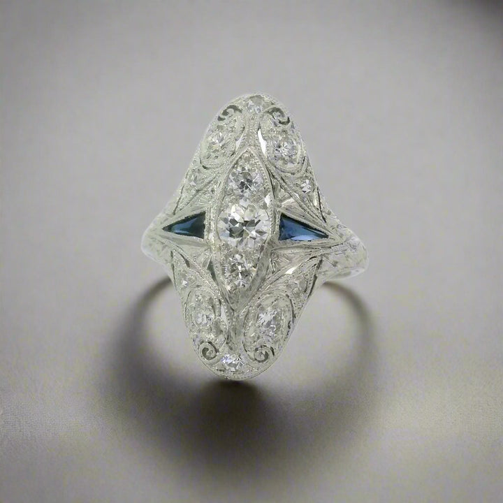 Art Deco Diamond and Sapphire 14K Gold Ring