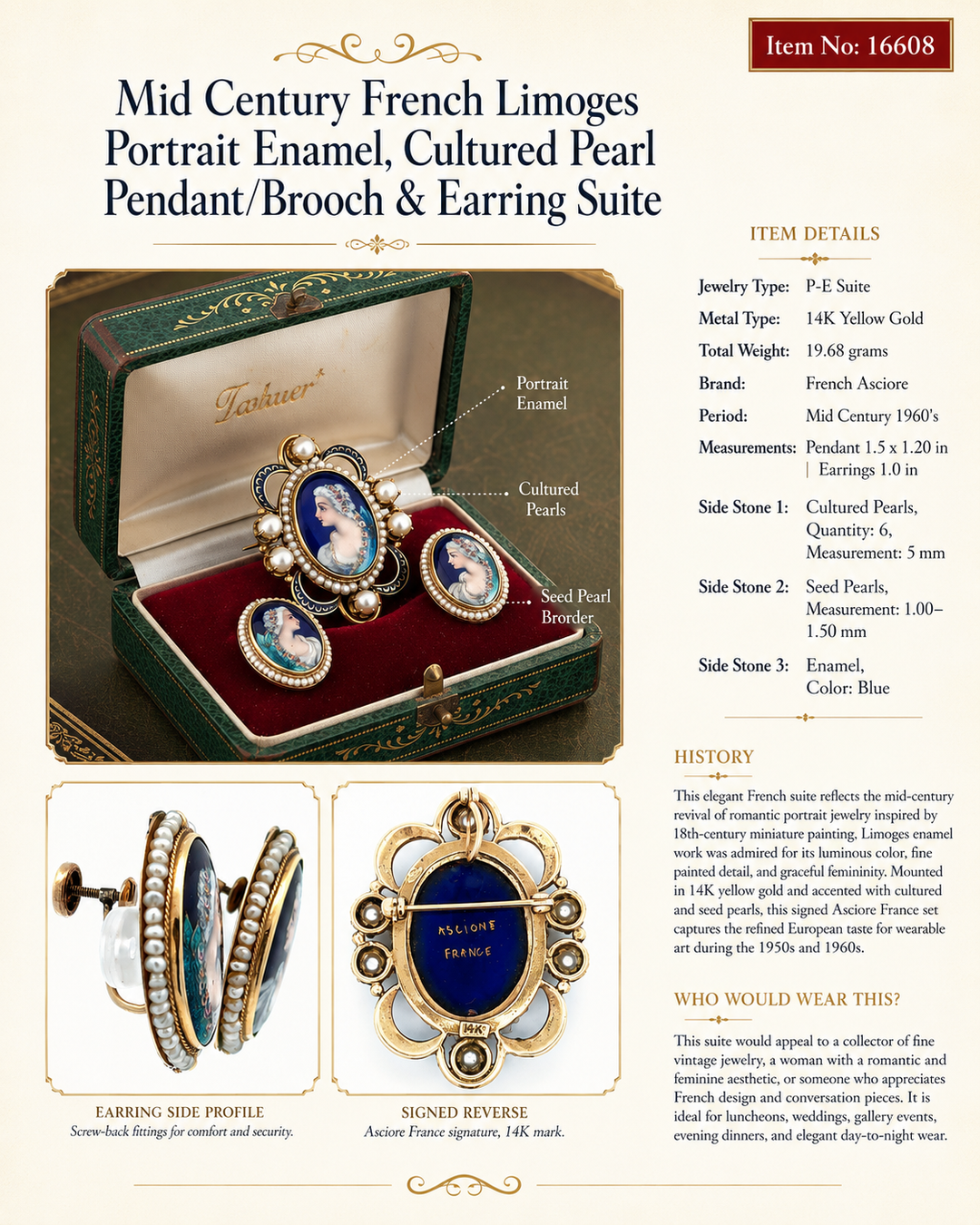 Mid Century French Limoge Portrait  " Asciore France" Enamel, Cultured Pearl Pendant/Brooch, Earring Set