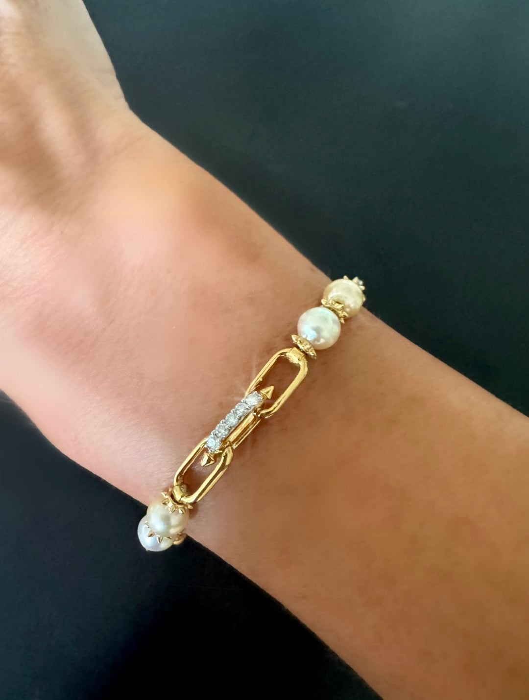 Freshwater Pearl and Lab Diamond Station Paperclip Bracelet
