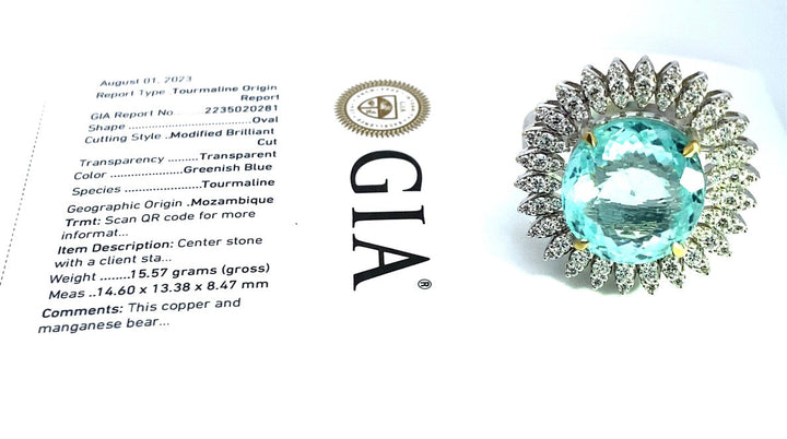 Estate- Rare 12.55ct Mozambique Paraiba Tourmaline and Diamond 18K White Gold Ring (GIA Report)