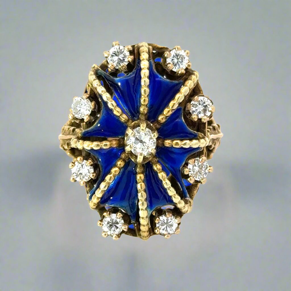 Diamond, Blue Enamel and 14K Yellow Gold Antique Ring