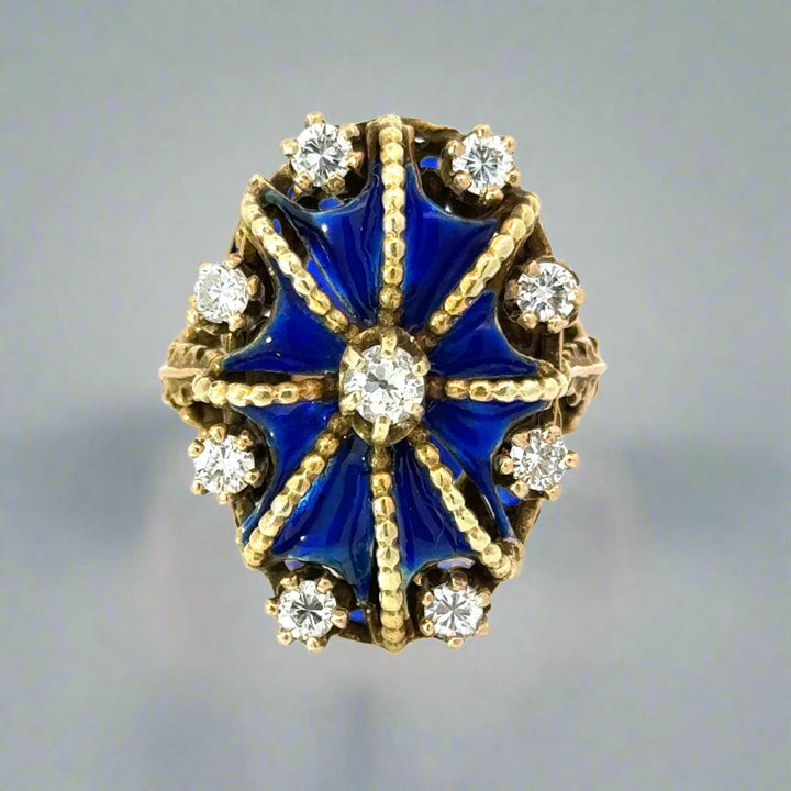 Diamond, Blue Enamel and 14K Yellow Gold Antique Ring