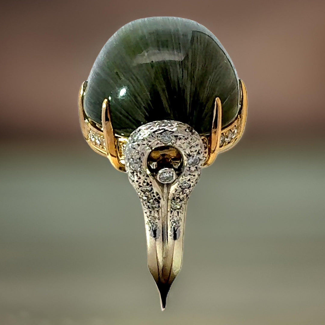 Custom Made Designer 61 Carat Cats Eye Tourmaline, Diamond, Platinum and 18K Yellow Gold Ring