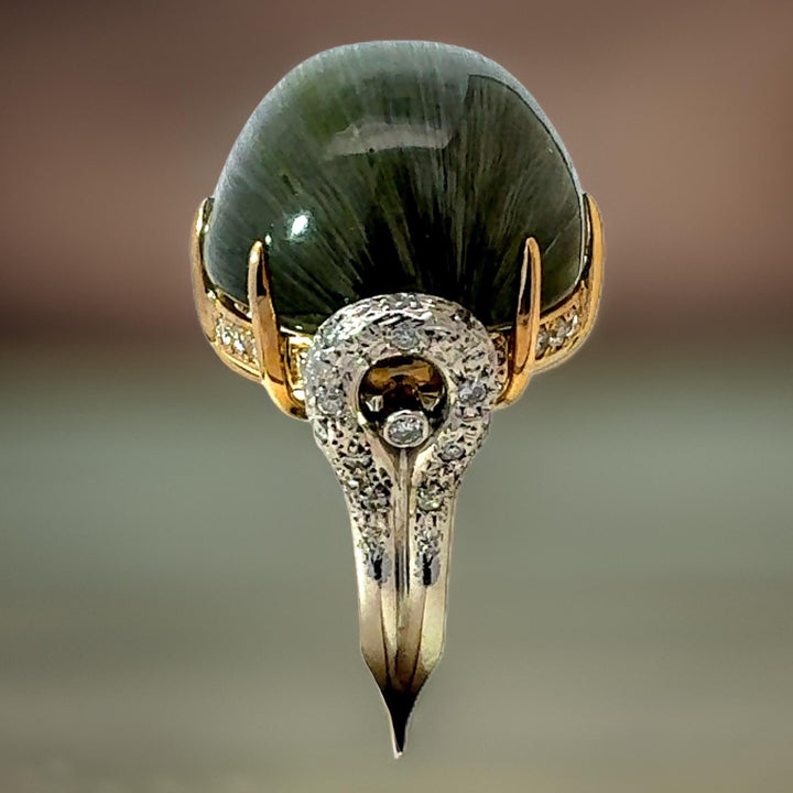 Custom Made Designer 61 Carat Cats Eye Tourmaline, Diamond, Platinum and 18K Yellow Gold Ring