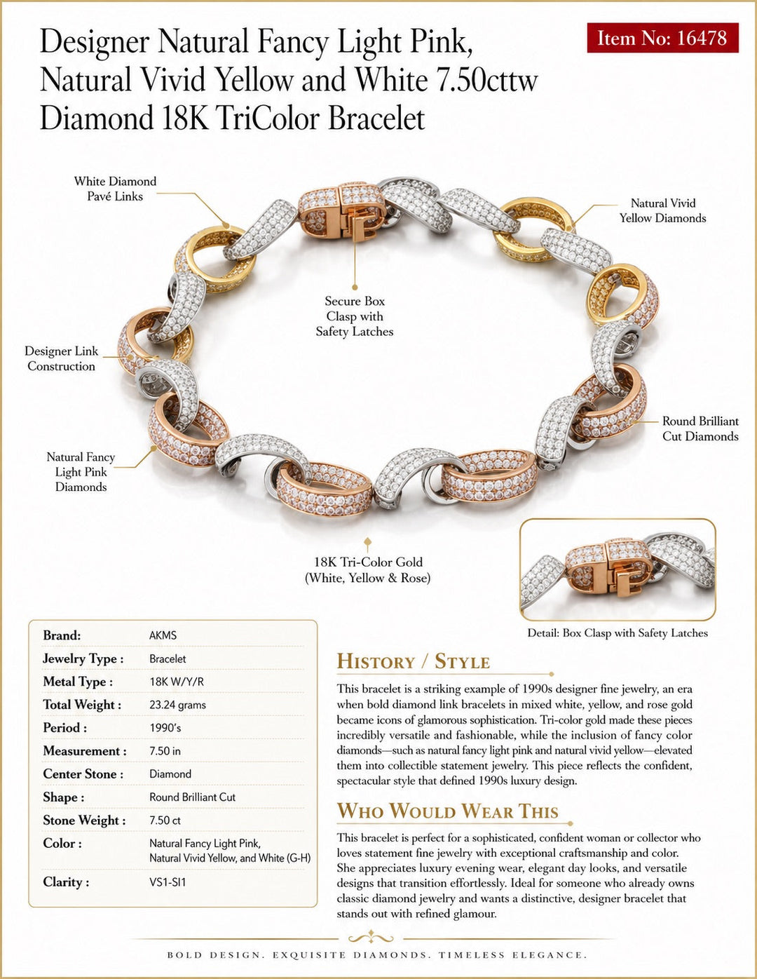 Designer Natural Fancy Light Pink, Natural Vivid Yellow and White 7.50cttw Diamond 18k TriColor Bracelet