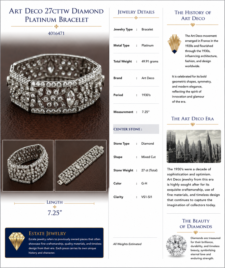 Art Deco 27cttw Diamond Platinum Bracelet