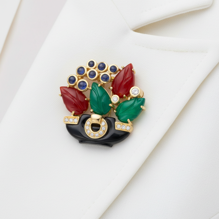 Cartier Paris 1991 Revival "Tabriz Collection" Basket Diamond, Chalcedony, Sapphire, Black Onyx, Carnelion 18Kt Yellow Gold Pendant/Brooch