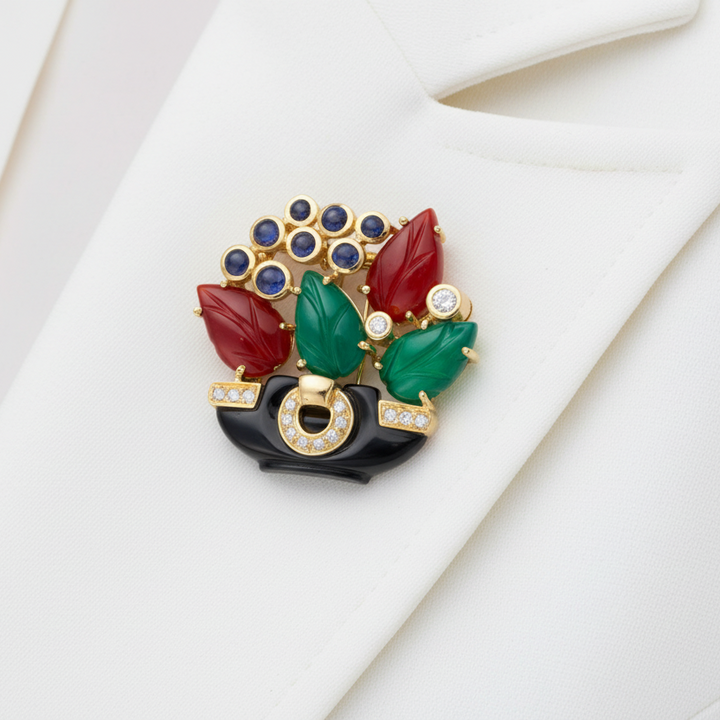 Cartier Paris 1991 Revival "Tabriz Collection" Basket Diamond, Chalcedony, Sapphire, Black Onyx, Carnelion 18Kt Yellow Gold Pendant/Brooch