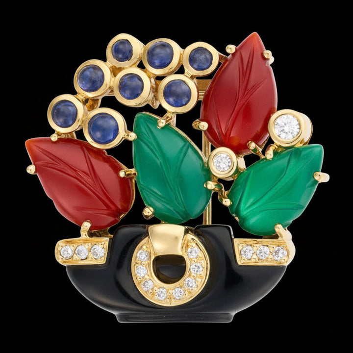 Cartier Paris 1991 Revival "Tabriz Collection" Basket Diamond, Chalcedony, Sapphire, Black Onyx, Carnelion 18Kt Yellow Gold Pendant/Brooch