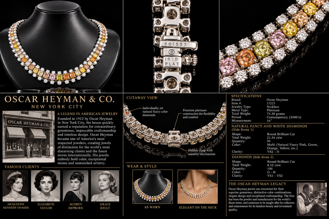 Estate Oscar Heyman Natural Faicy Pink, Green,Orange & White Diamond Platinum Necklace. All weights estimated.
