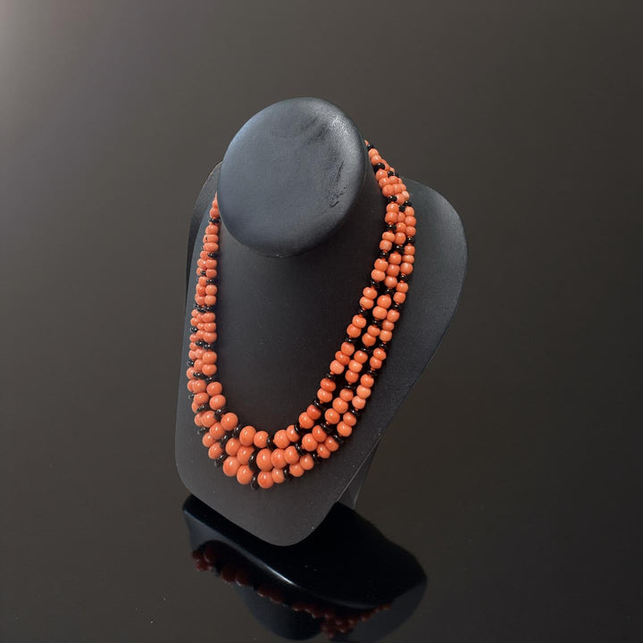 Italy Diamond, Coral and Onyx 18K Yellow Gold 3 Row Necklace