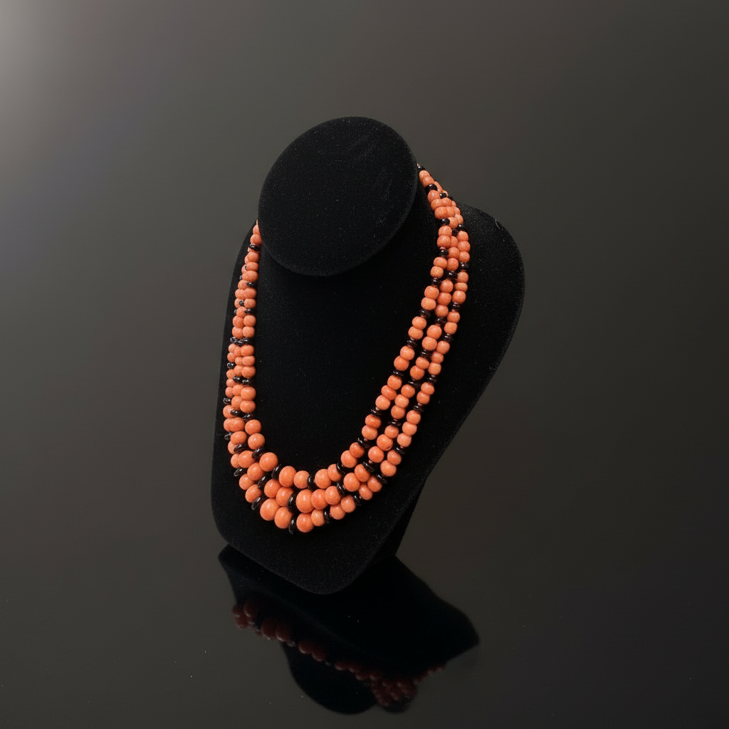 Italy Diamond, Coral and Onyx 18K Yellow Gold 3 Row Necklace