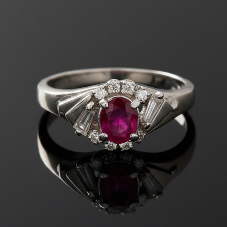 Mid Century Modern Ruby and Diamond Platinum Ring