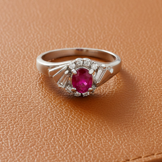 Mid Century Modern Ruby and Diamond Platinum Ring