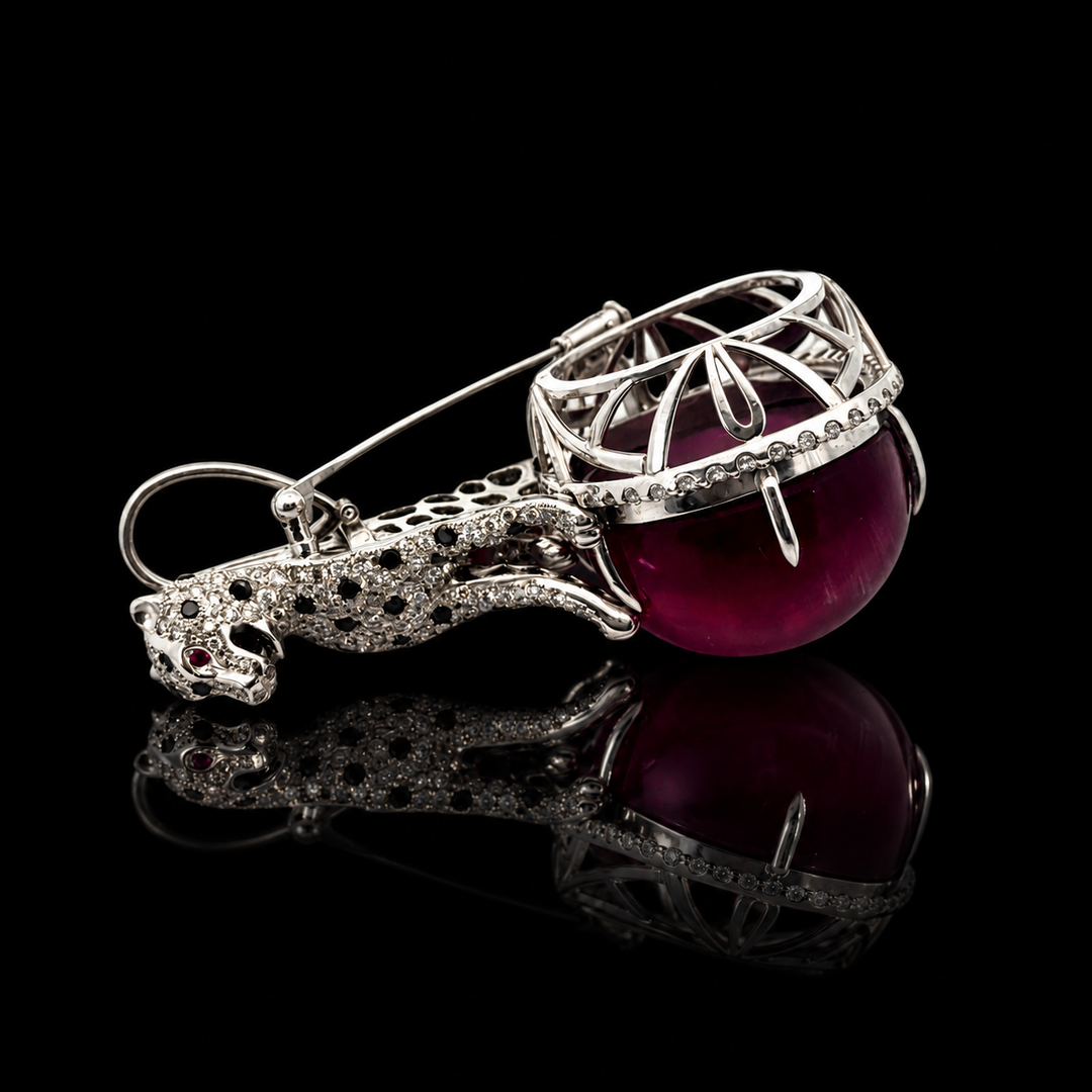 Estate Panthere 130.75ct. Rubellite, Diamond & Ruby Platinum Pendant/Brooch