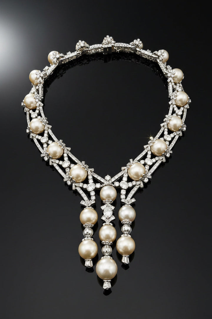 Estate High End Designer Mouawad 125.00cttw Diamond and South Sea Pearl Suite 18Kt White Gold