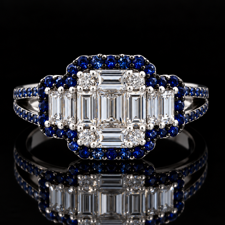 Estate Designer Diamond & Sapphire 18KT White Gold Ring