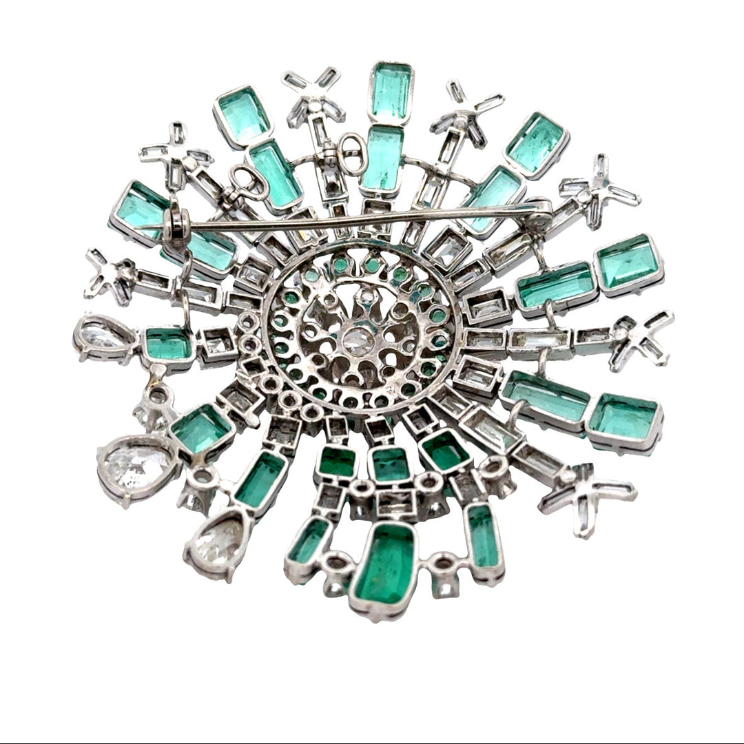 Mid Century 1960's Modern 14kt White Gold Emerald and Diamond Starburst Brooch