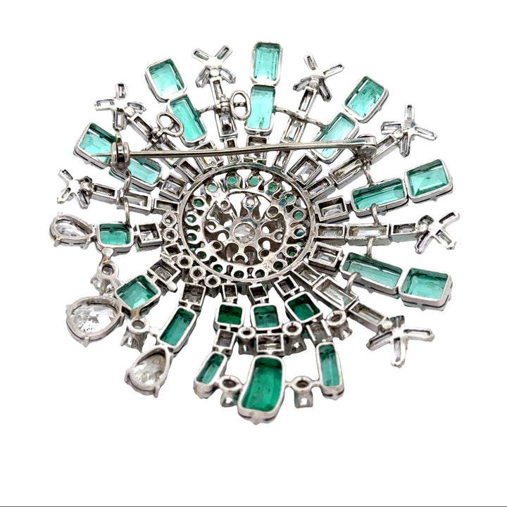 Mid Century 1960's Modern 14kt White Gold Emerald and Diamond Starburst Brooch