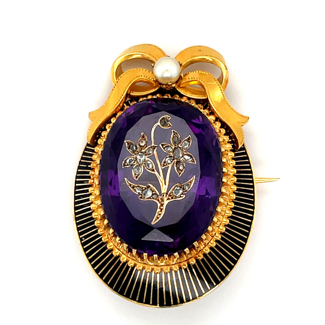 Circa 1890's Amethyst, Pearl, Diamond and 18K Yellow Gold Pendant/Brooch
