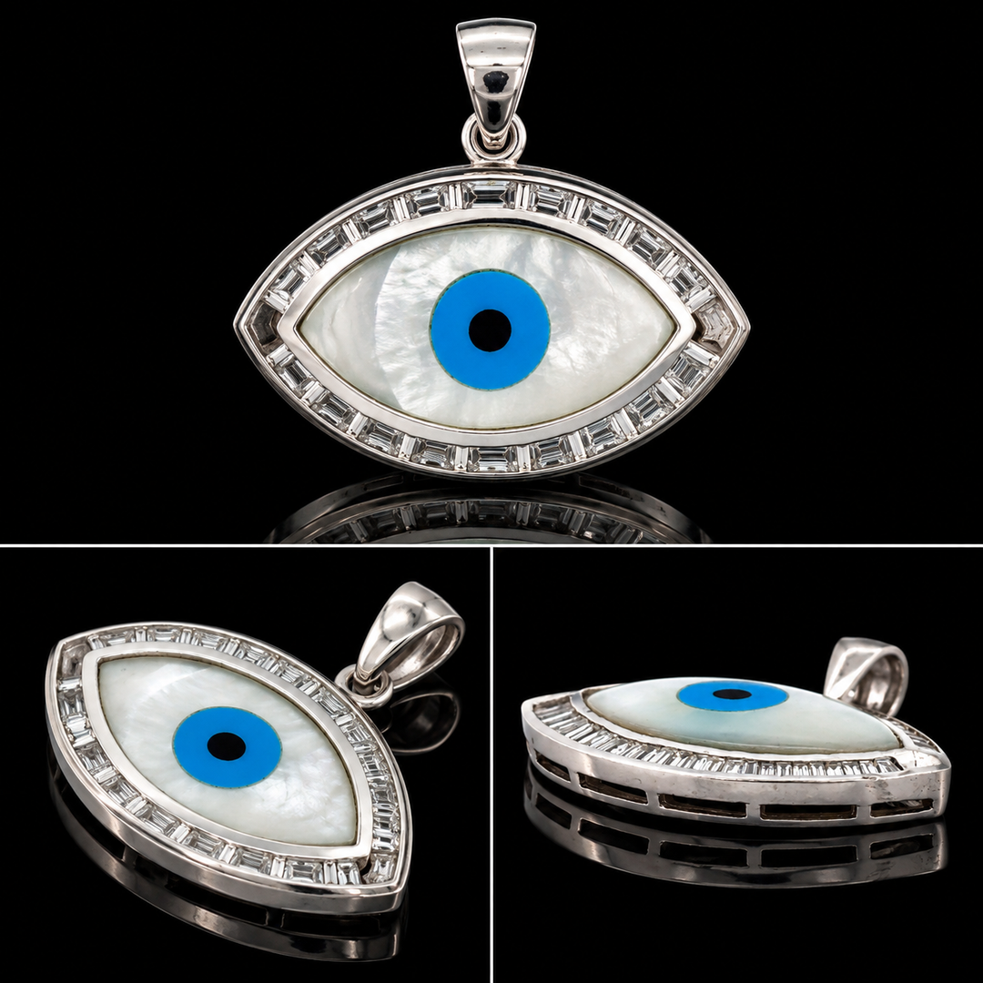 Estate Good Luck Diamond & Mother Of Pearl, Turquoise 18KT White Gold Pendant