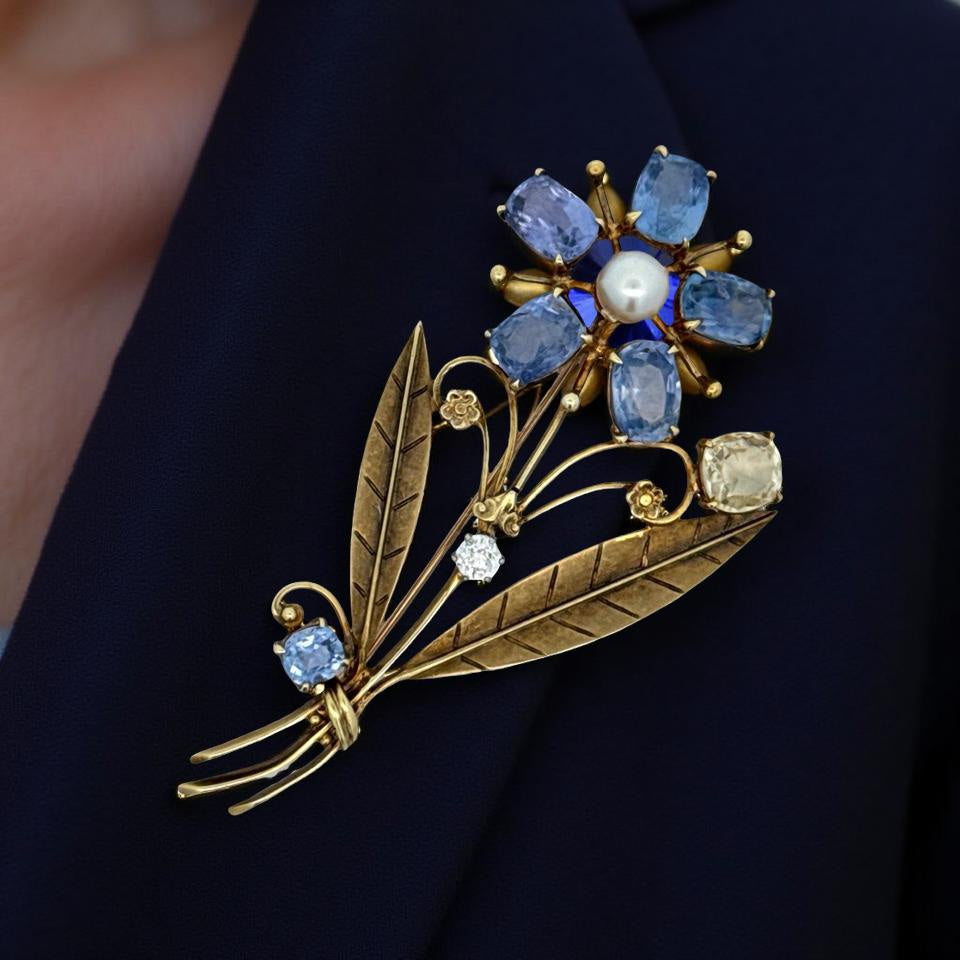 Estate Circa 1930 Tiffany & Co Blue and Yellow Sapphire, Diamond, Pearl Brooch