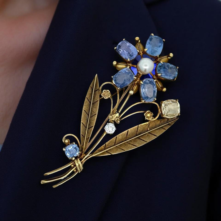Estate Circa 1930 Tiffany & Co Blue and Yellow Sapphire, Diamond, Pearl Brooch
