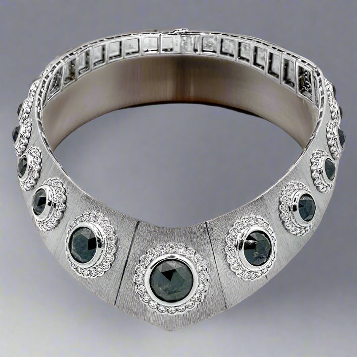 Vintage 1960s 18K White Gold, Rose Cut Black Diamonds and White Diamond Statement Necklace
