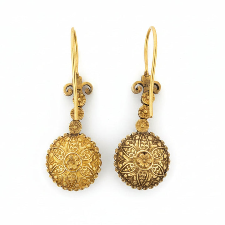 French Rose Cut Diamond and 22kt Yellow Gold/Rhodium Dangle Earrings