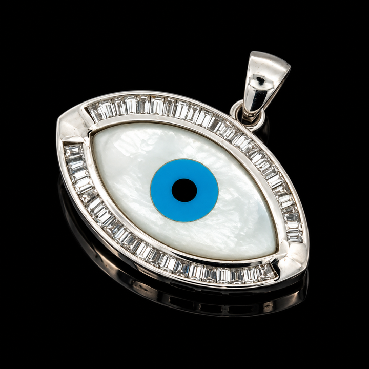 Estate Good Luck Diamond & Mother Of Pearl, Turquoise 18KT White Gold Pendant