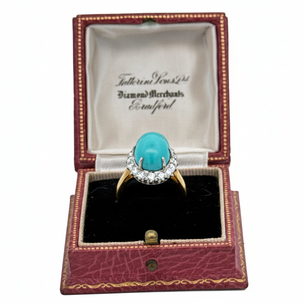 Rare No Treatment/ Natural Turquoise Cabochon and Diamond 18Kt Yellow Gold and Platinum Ring (GIA)