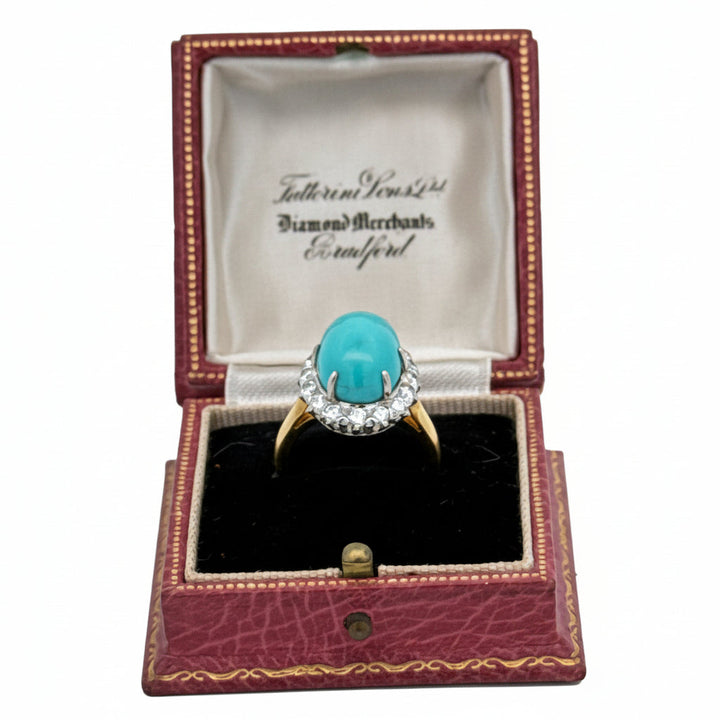 Rare No Treatment/ Natural Turquoise Cabochon and Diamond 18Kt Yellow Gold and Platinum Ring (GIA)