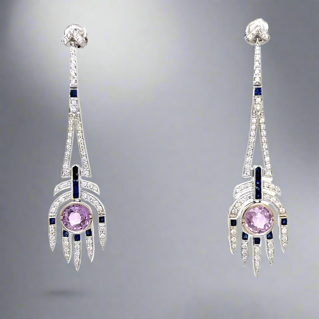 Aristocrat Art Deco Style Diamond, Pink and Blue Sapphire and 18K White Gold Dangle Earrings