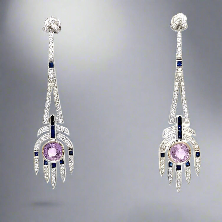 Aristocrat Art Deco Style Diamond, Pink and Blue Sapphire and 18K White Gold Dangle Earrings