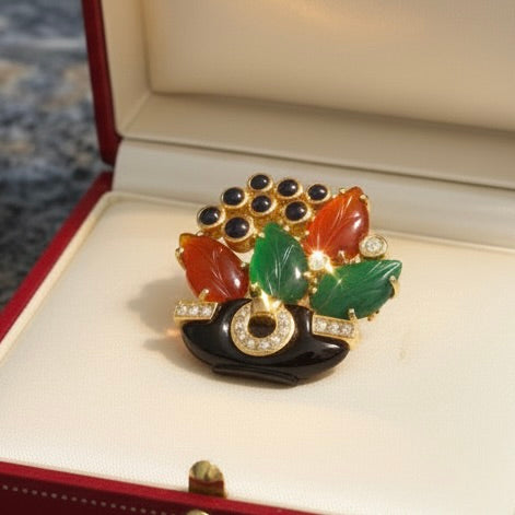 Cartier Paris 1991 Revival "Tabriz Collection" Basket Diamond, Chalcedony, Sapphire, Black Onyx, Carnelion 18Kt Yellow Gold Pendant/Brooch